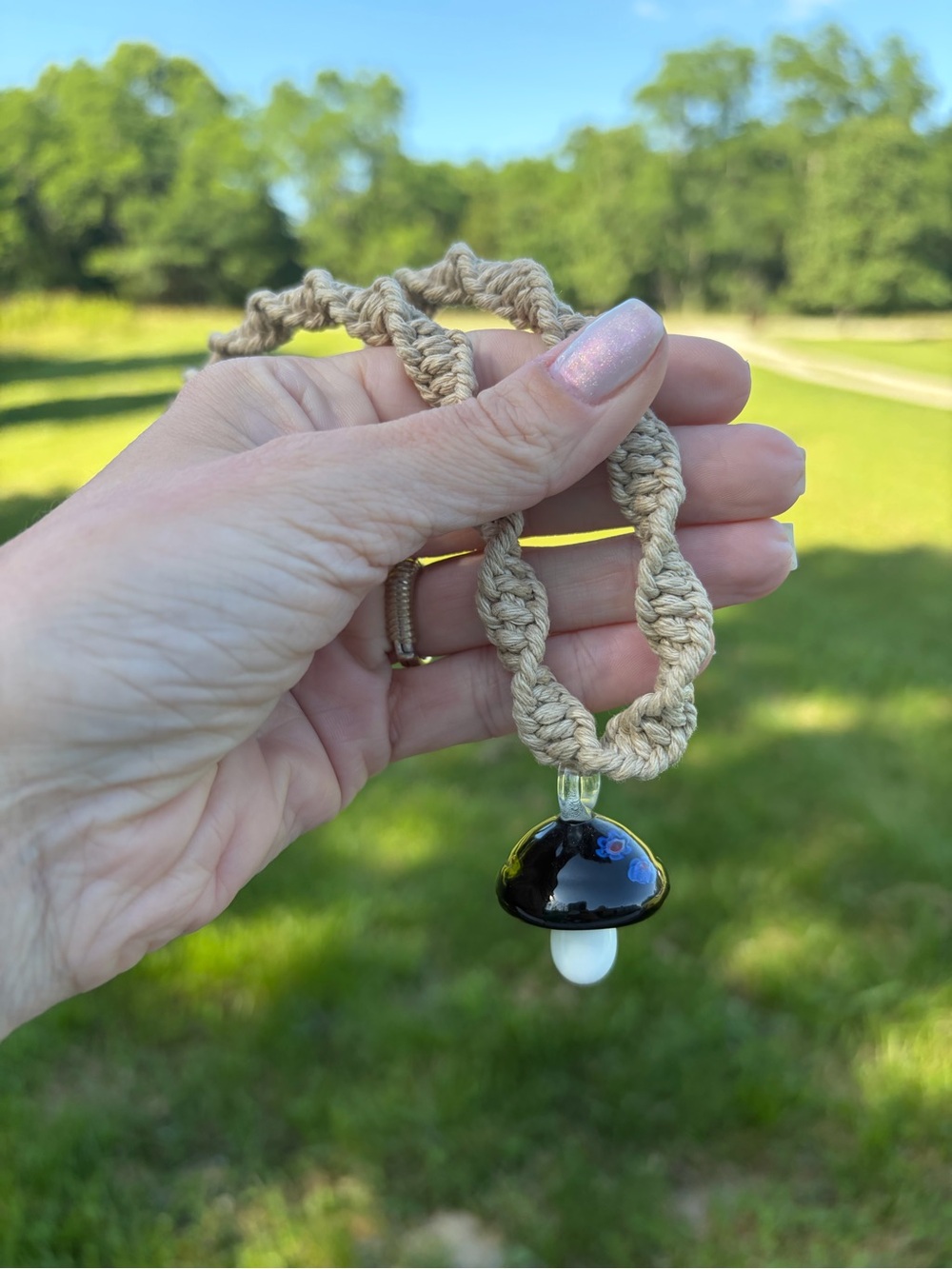 Hemp Macrame Art Necklace‎ Choker 16 or 18 Inches Unisex Glass Mushroom